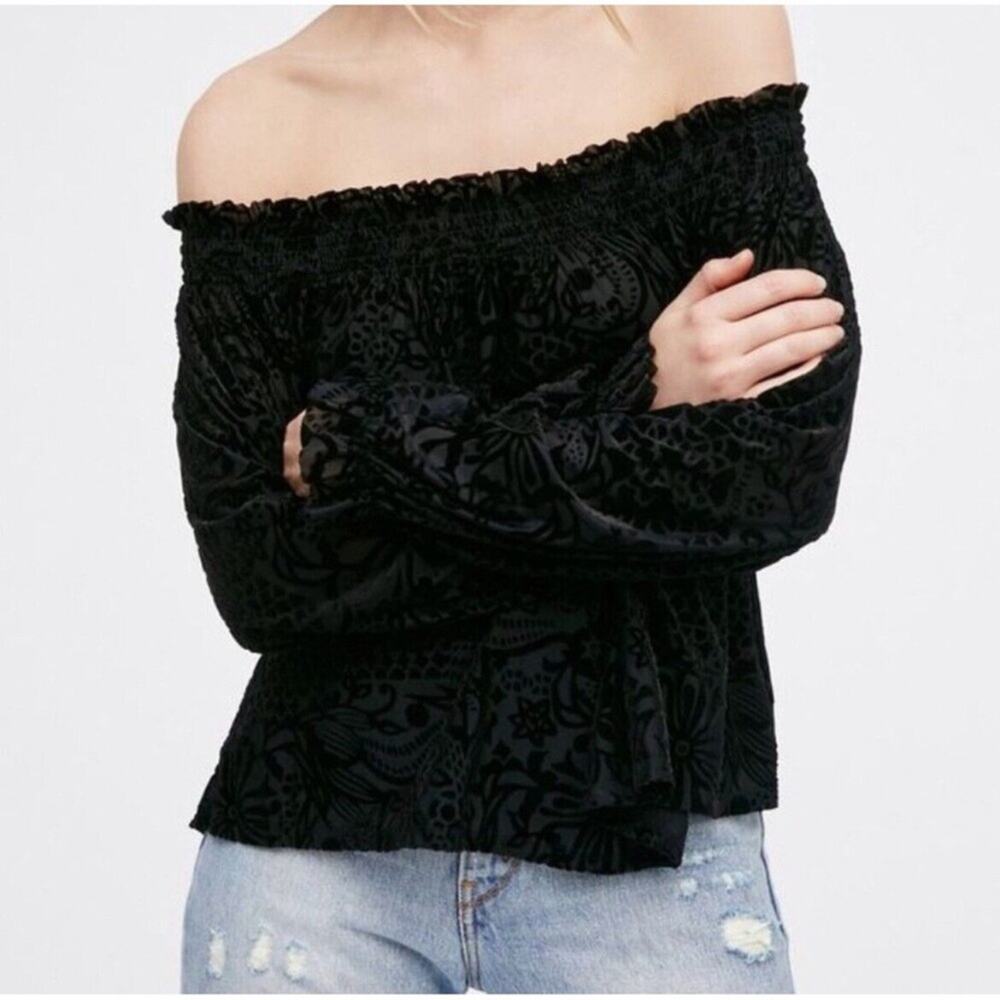 Free People Womens S A Little Twist Off Shoulder Velvet Black Top
